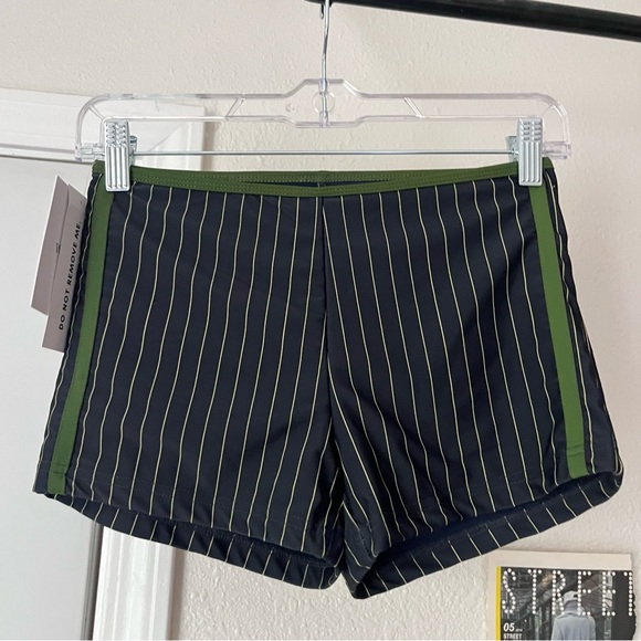 NWT WITH JEAN navy pin striped nylon spandex high rise side stripe swim shorts